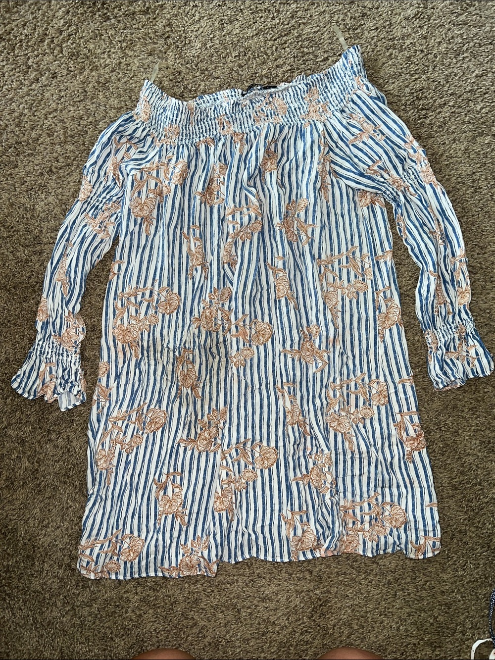 Off-Shoulder Blue & Cream Striped Mini Dress with Floral Embroidery